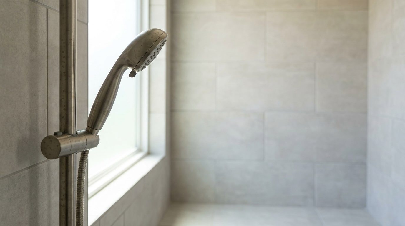 Stainless steel handheld shower head in modern tiled bathroom with natural light