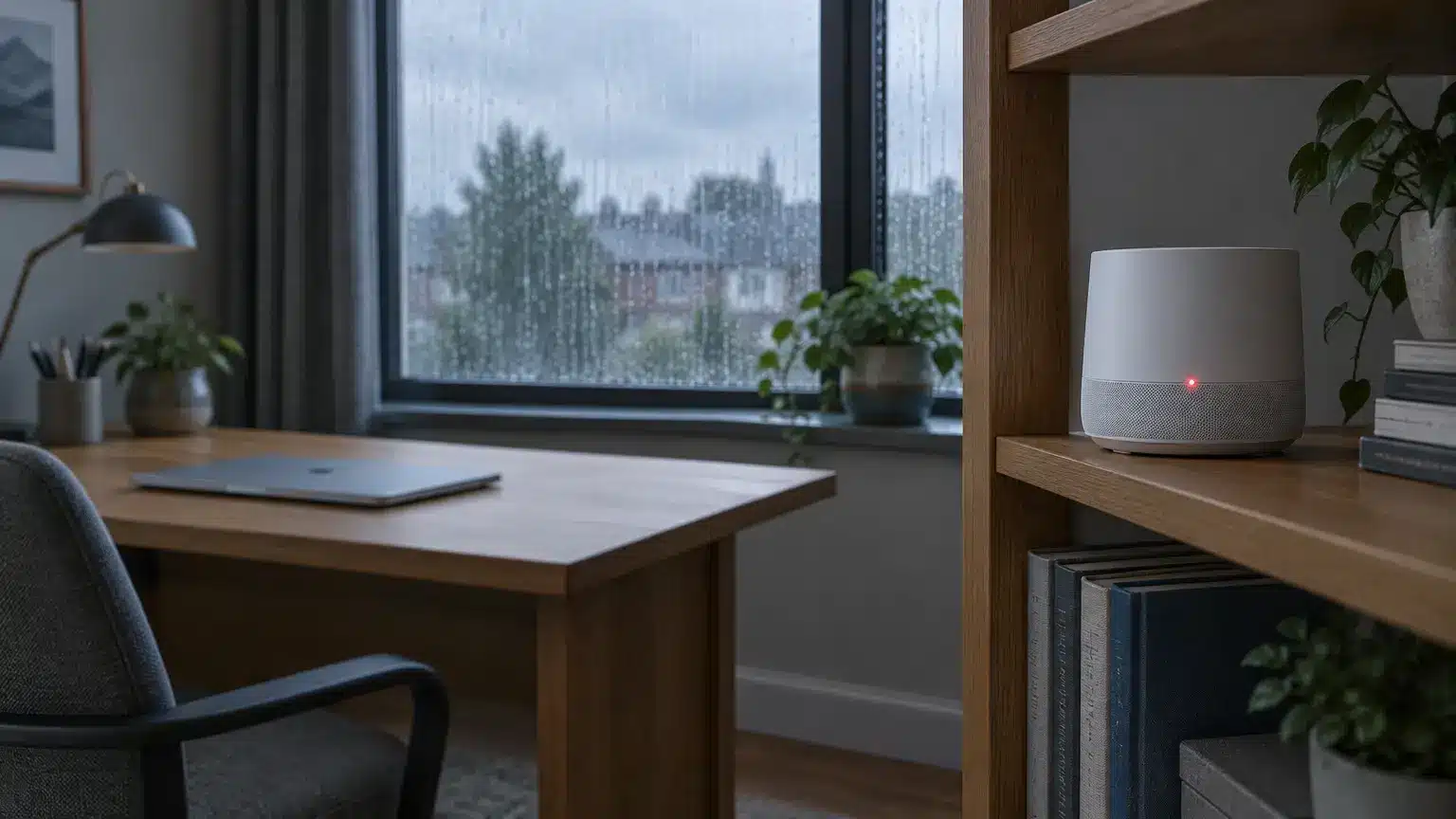 Minimalist home office with wooden desk, gray chair, and smart speaker on shelf by rainy window