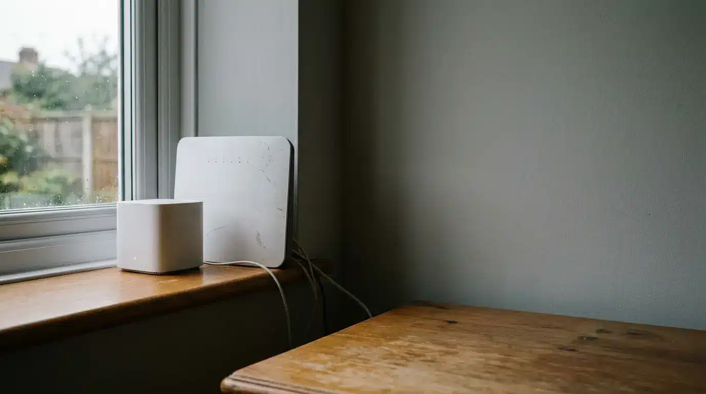 Modern Wi-Fi router and modem on wooden windowsill in minimalist room setting