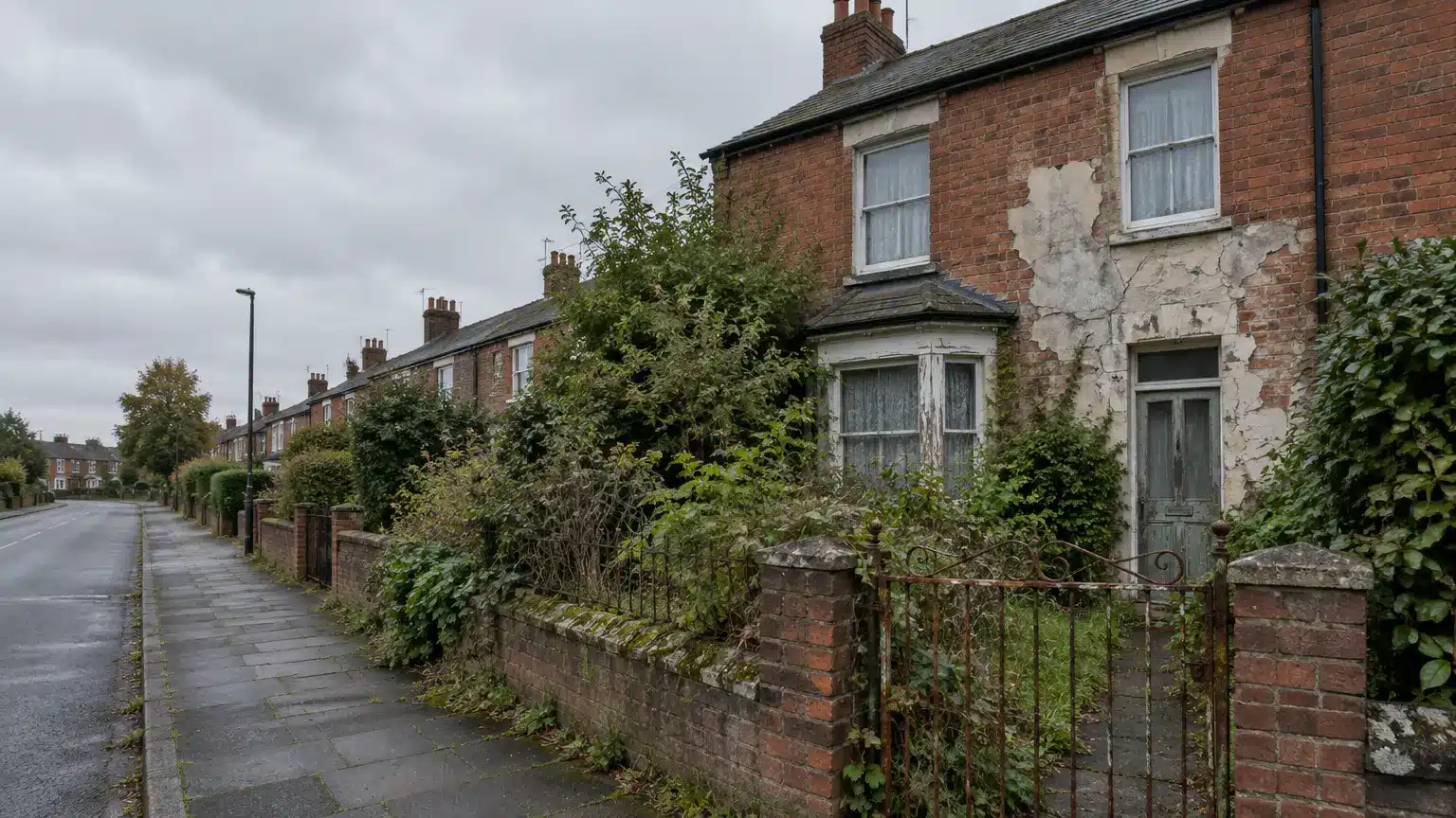 Weathered brick house with overgrown garden and peeling paint on a cloudy day
