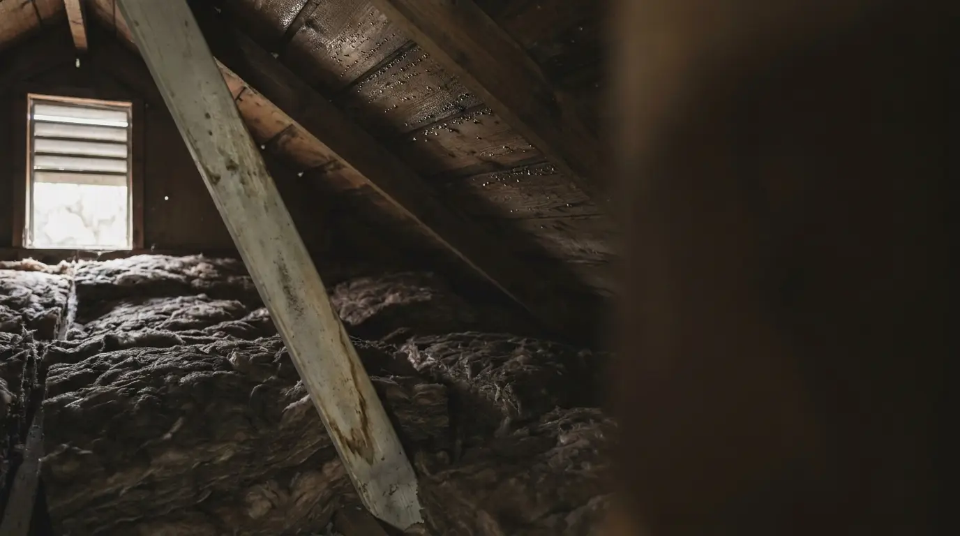Dimly lit attic with exposed wooden beams and fiberglass insulation on the floor