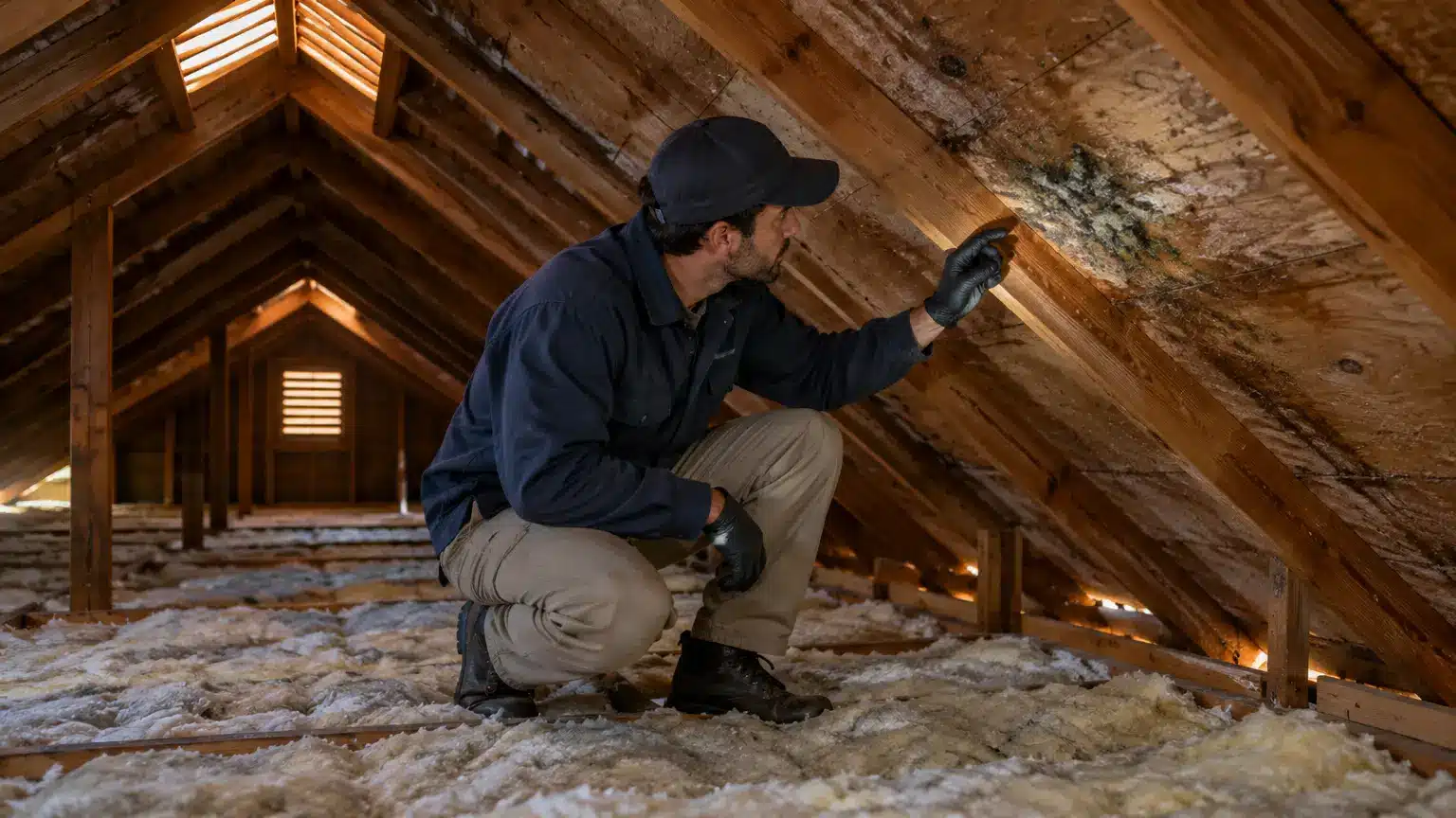 Man inspecting mold on wooden beams in attic with insulation padding