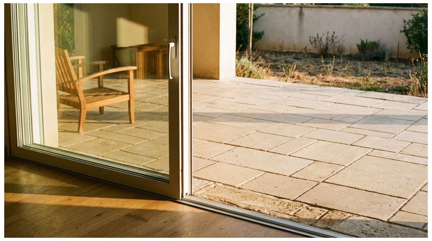 Wooden patio chair in sunlit outdoor terrace with stone tiles and sliding glass door