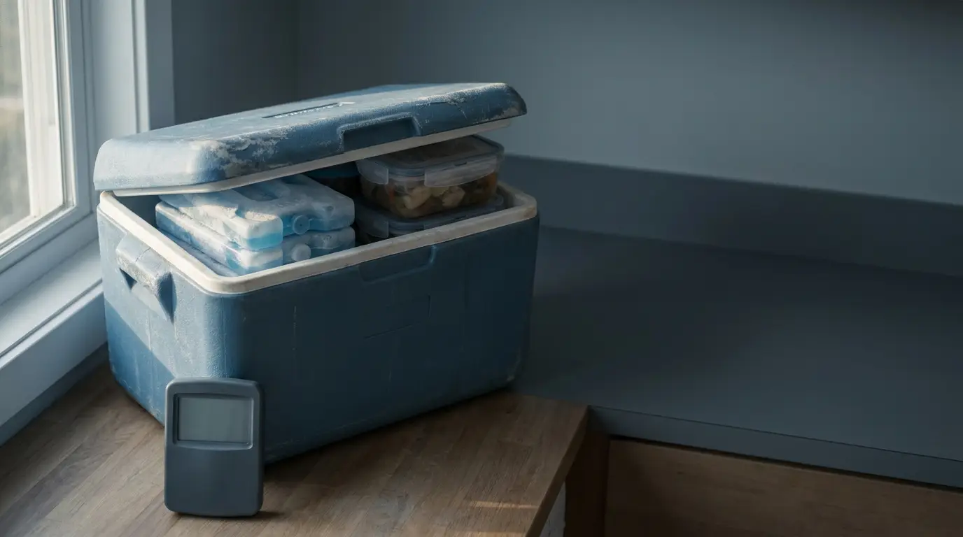 Cooler with ice packs and food containers on wooden floor near window