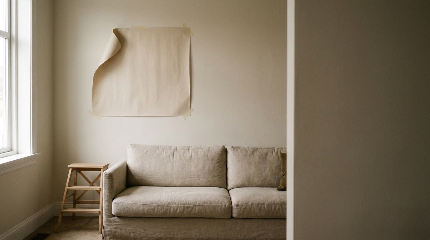 Neutral-toned living room with beige sofa and blank paper taped to wall
