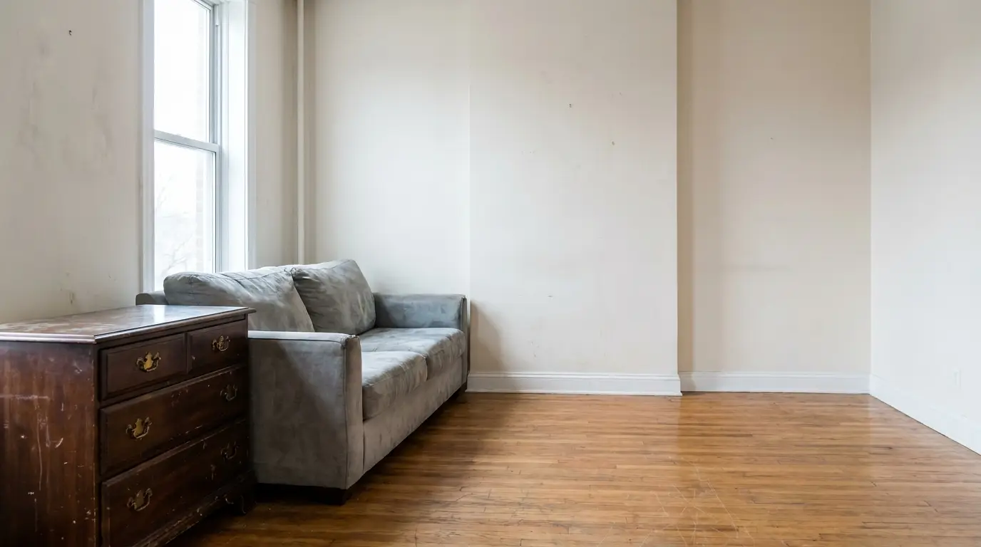 Gray sofa next to wooden chest of drawers in empty room with hardwood floor