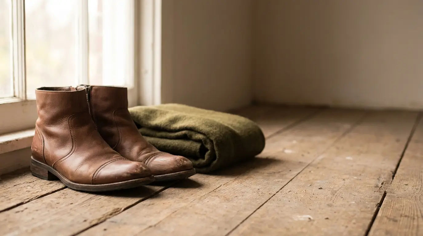 Brown leather boots and folded green blanket on wooden floor near window