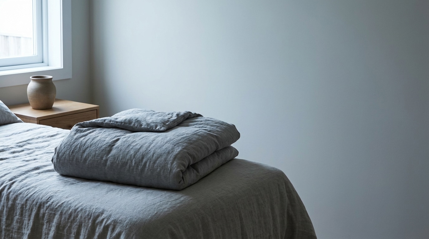 Gray linen bedding on neatly made bed next to wooden nightstand in minimalist bedroom