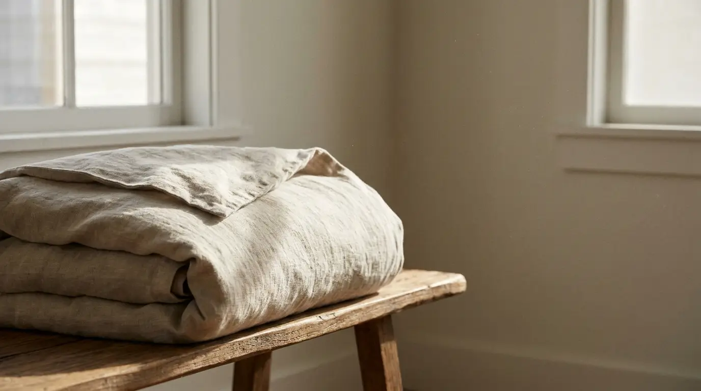 Folded beige linen duvet on a rustic wooden bench near sunlit window in minimal room