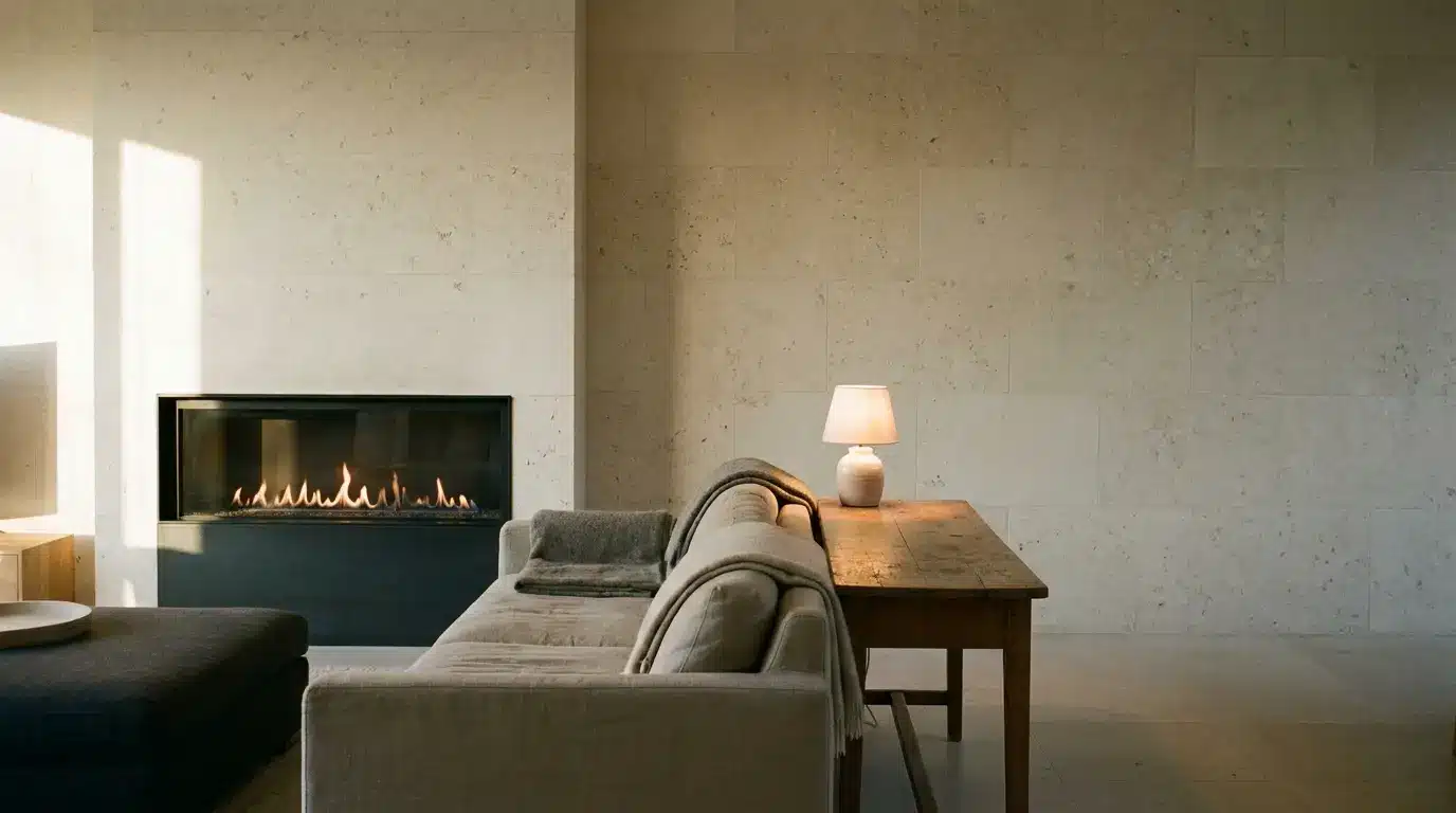 Modern gas fireplace in stone wall beside linen sofa and lamp in a warmly lit living room