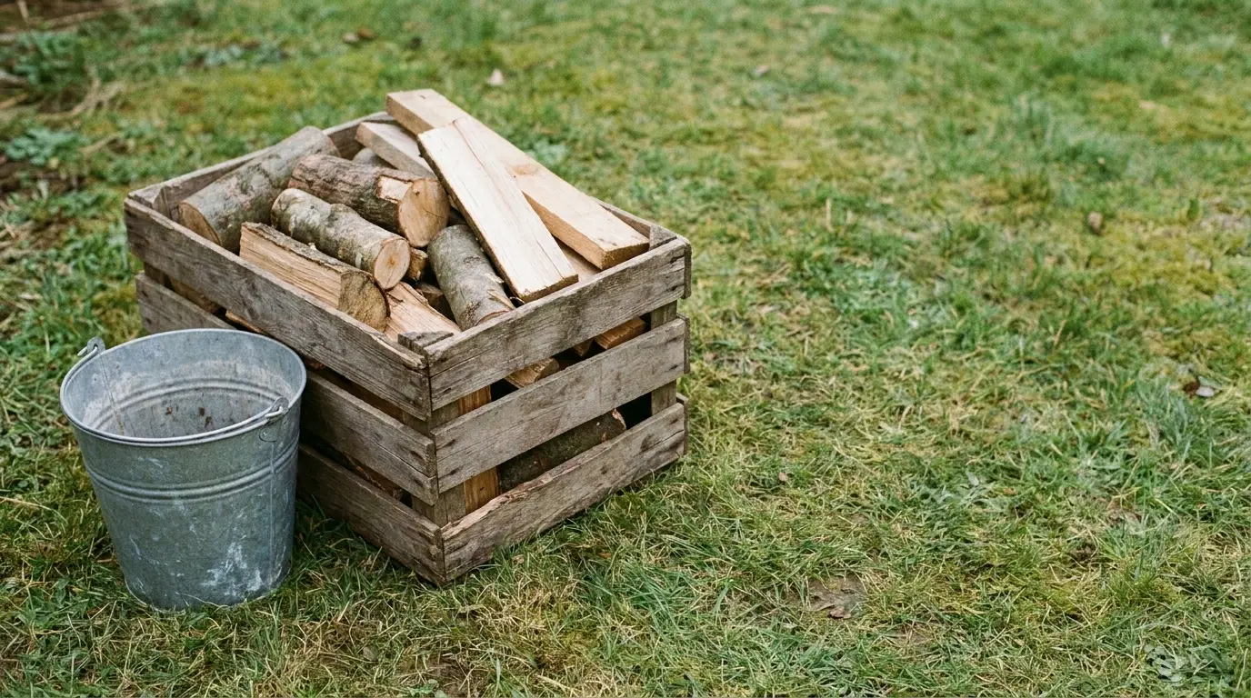 Wooden crate filled with firewood logs and metal bucket on grassy outdoor surface