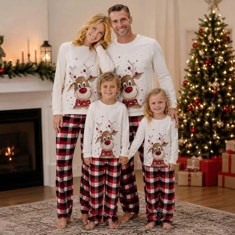 Family wearing matching reindeer pajamas posing in living room with decorated Christmas tree