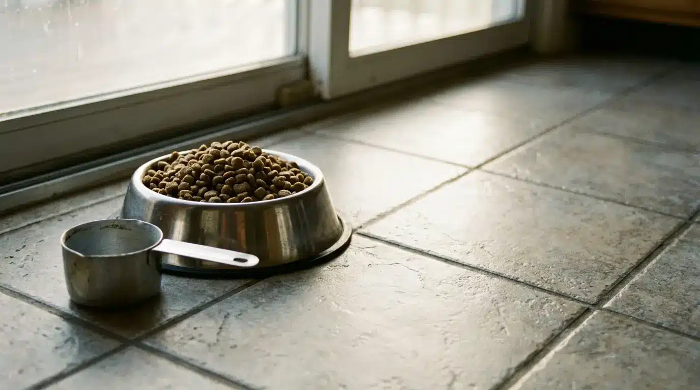 Stainless steel dog bowl filled with kibble next to a metal measuring scoop on a kitchen floor