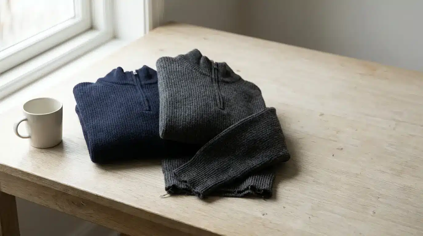 Two folded sweaters and a white mug on wooden table near window