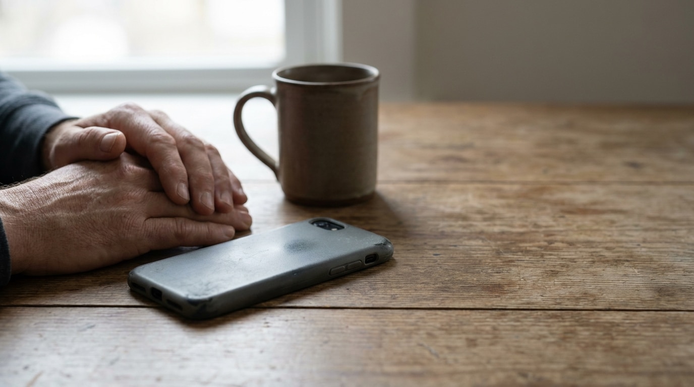 Hands folded on rustic wooden table beside smartphone and coffee mug