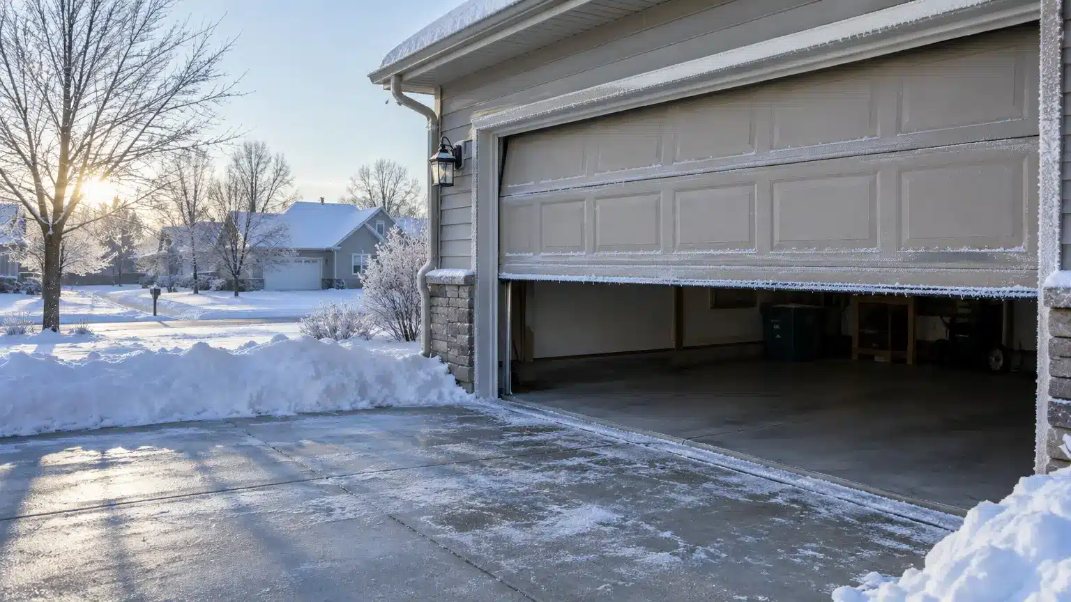 Half-open garage door with frost, snow-covered suburban street and morning sun in background