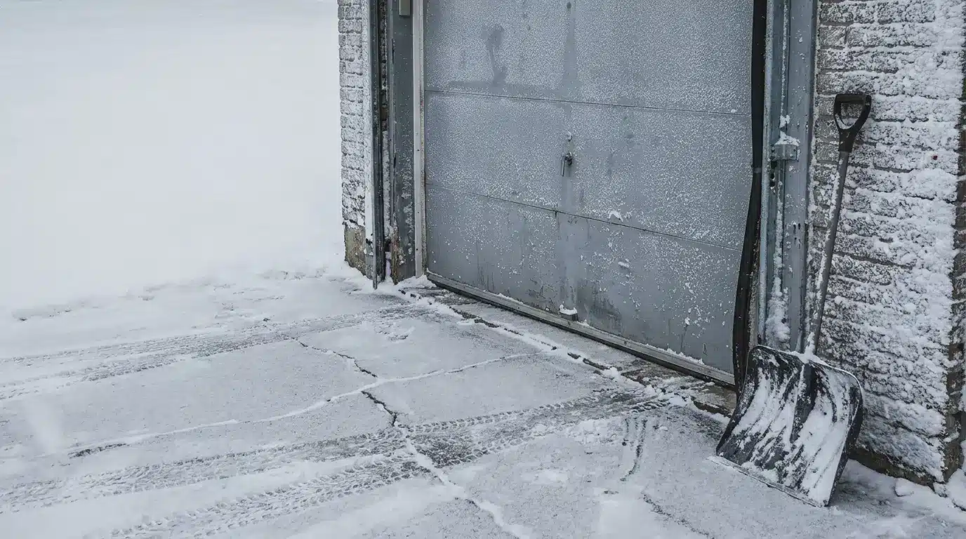 Snow shovel leaning against a frosty garage door on snowy driveway
