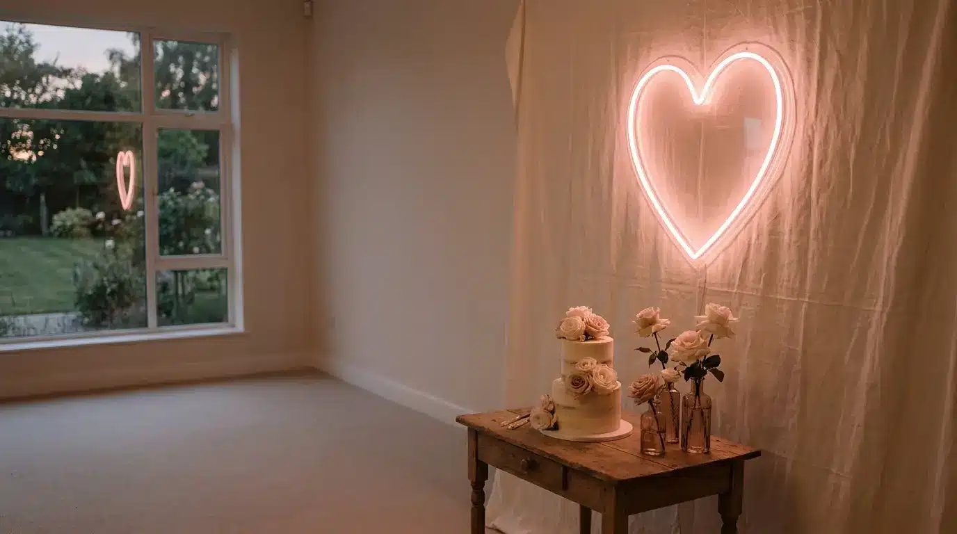 Pink neon heart tube glowing on ivory drape behind a small wedding cake table with pale roses
