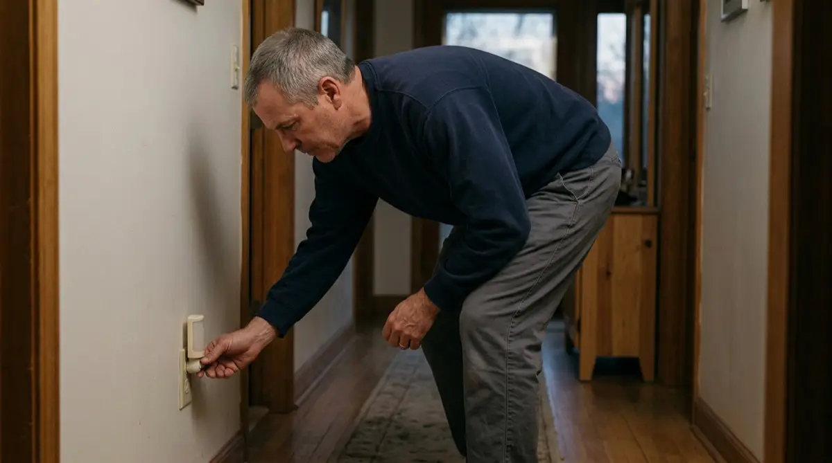 Man adjusting light switch in dimly lit hallway with wooden trim