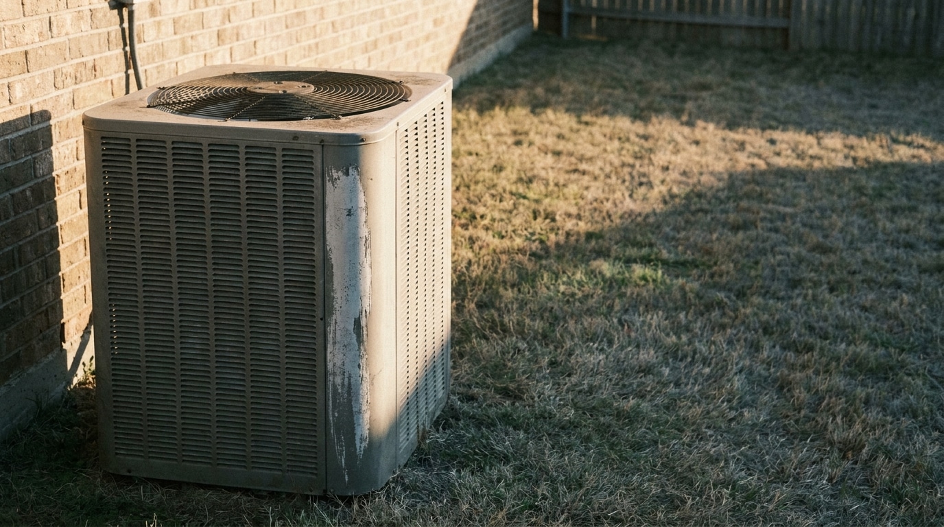 Outdoor air conditioning unit beside brick wall on grassy lawn in late afternoon light
