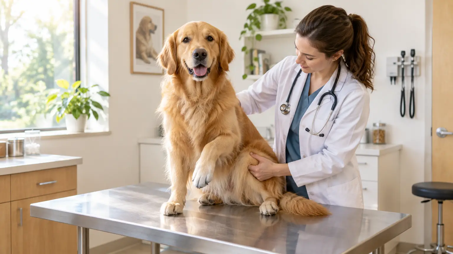 Golden retriever on examination table with veterinarian in a bright, modern clinic