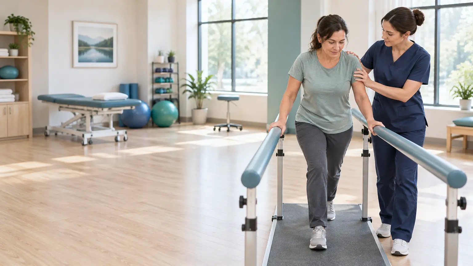 Woman receiving physical therapy assistance walking between parallel bars in a bright rehabilitation clinic