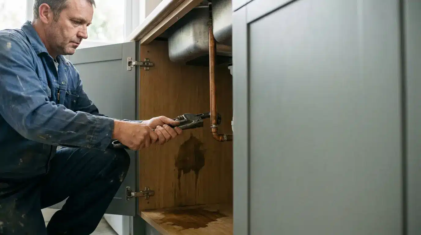 Plumber using wrench to fix leaking pipe under kitchen sink in bright interior