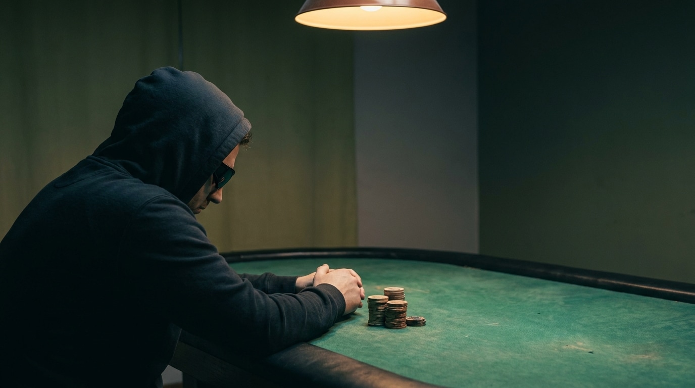 Person in hoodie and sunglasses sitting at poker table with stacked chips under dim lighting