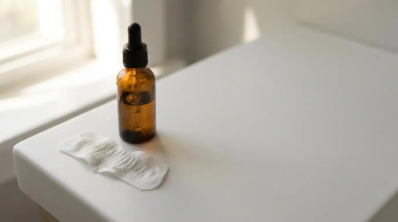 Amber glass dropper bottle and cotton pad on white surface in natural sunlight