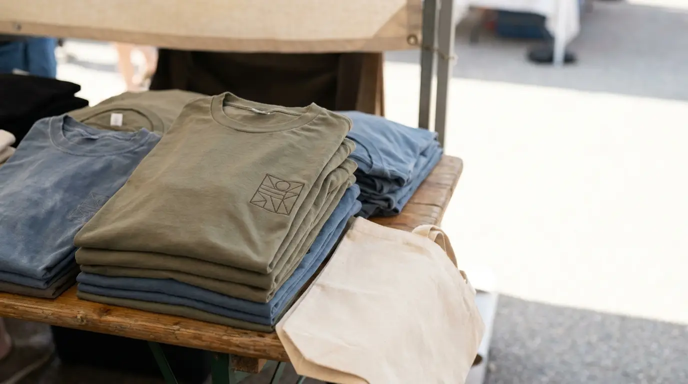 Stacked green and blue T-shirts with geometric logo on wooden market table outside