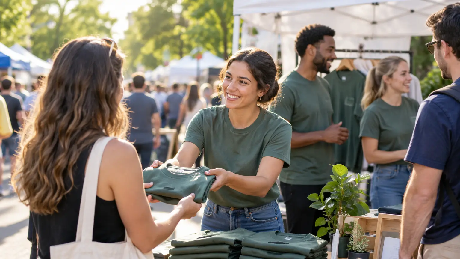 Woman selling green t-shirt at outdoor market stall with smiling customers and stacked shirts