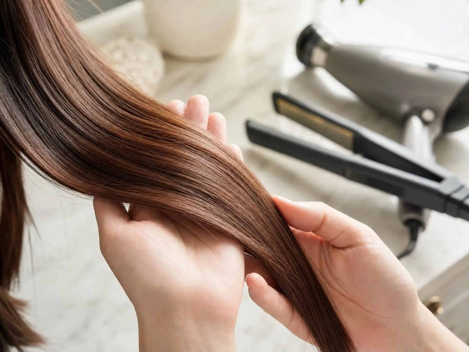 Hands holding smooth brown hair with hairdryer and flat iron on marble surface