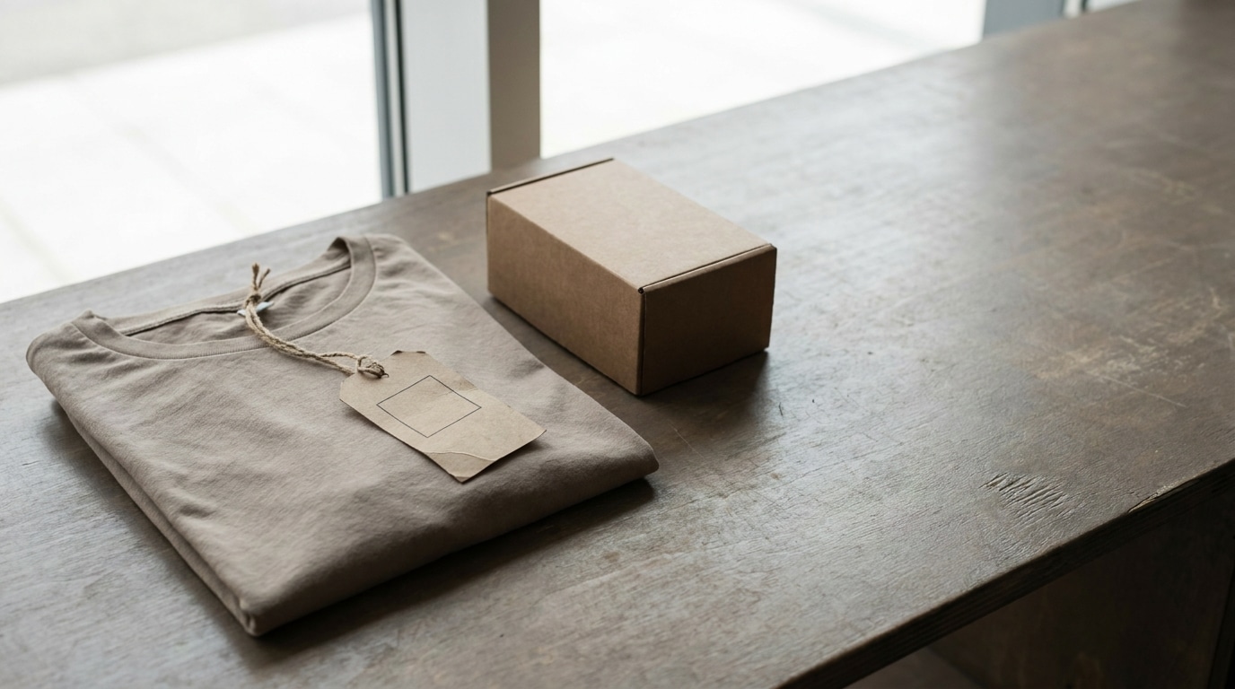 Folded beige t-shirt with tag next to cardboard box on wooden table