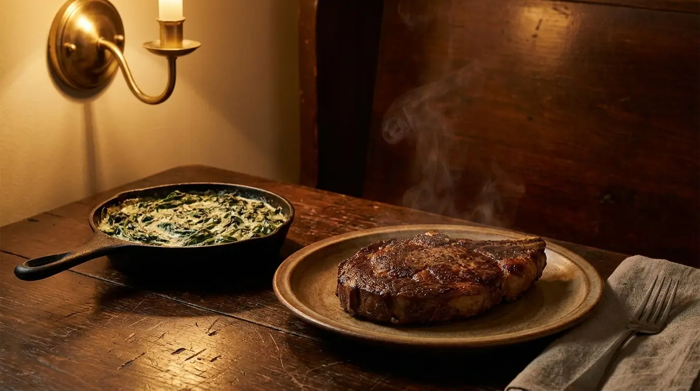Rested steak on a ceramic plate beside a cast iron side dish on a dark wood steakhouse table