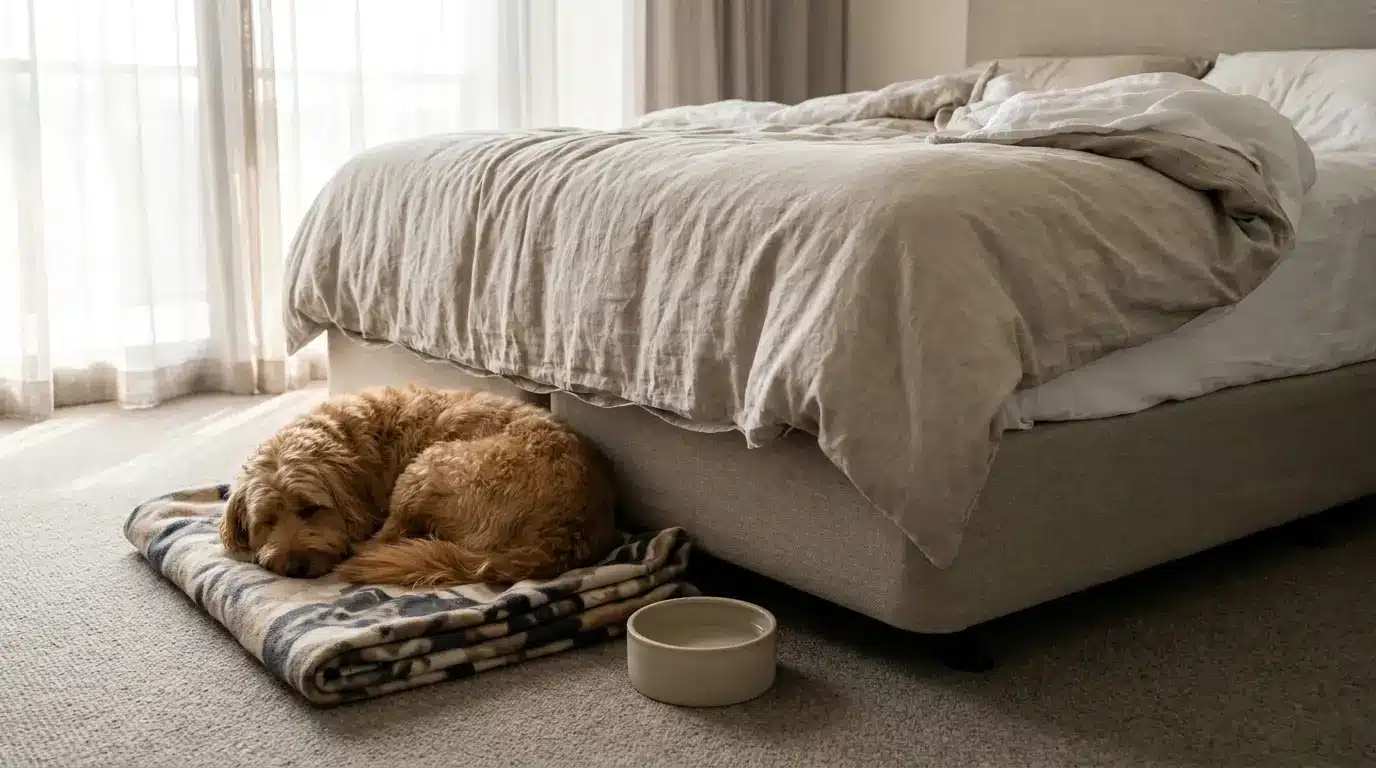 Golden retriever curled up on a blanket next to bed in cozy bedroom