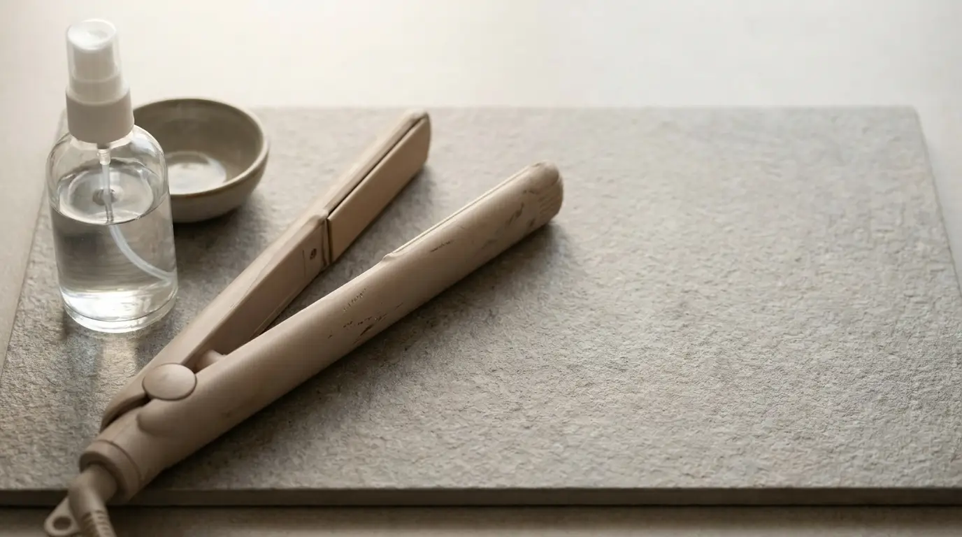 Hair straightener and spray bottle on textured stone surface in soft lighting