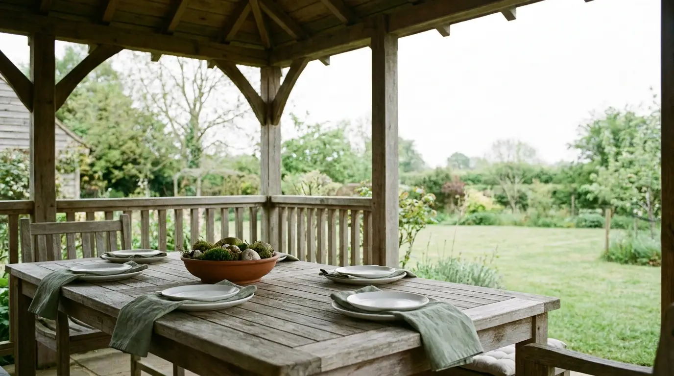 Wooden outdoor dining table set with plates and green napkins under gazebo in garden setting
