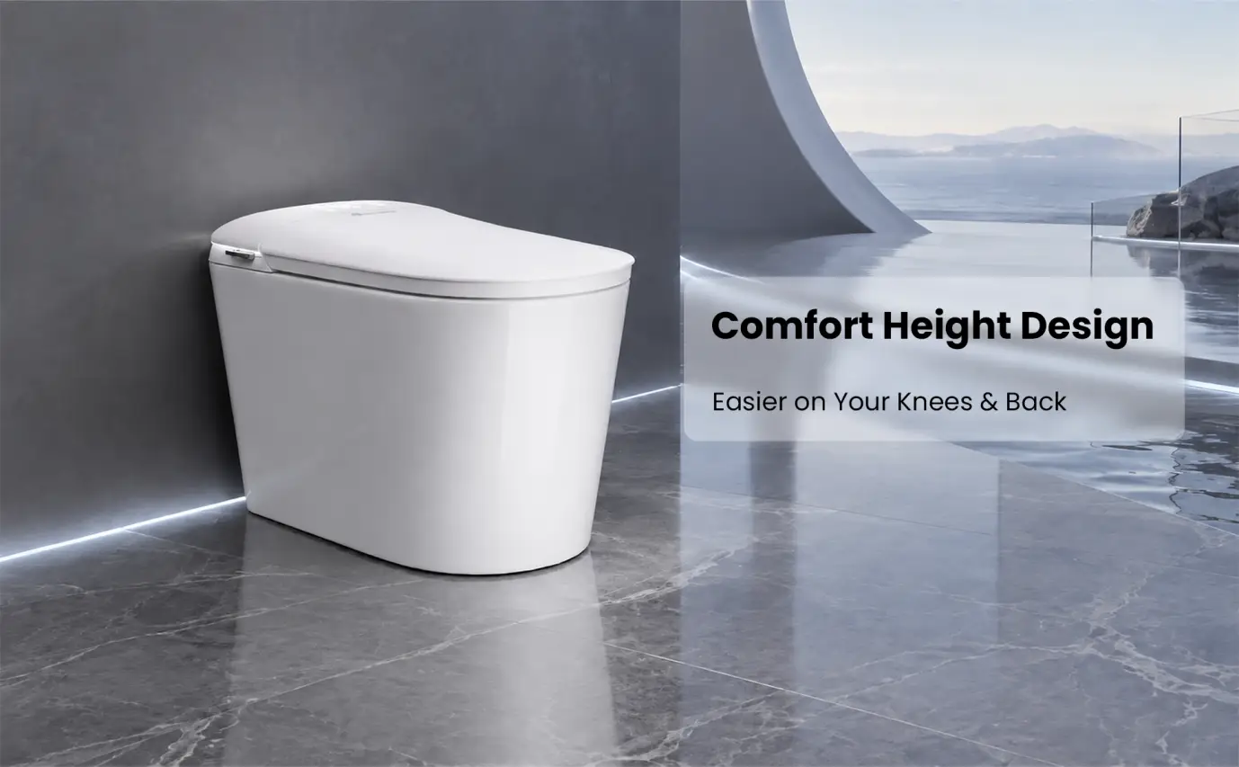 Modern white toilet in sleek, minimalistic bathroom with gray marble floor and ambient lighting