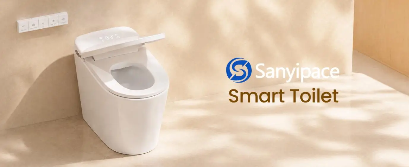 White smart toilet with open lid in minimalist beige bathroom setting
