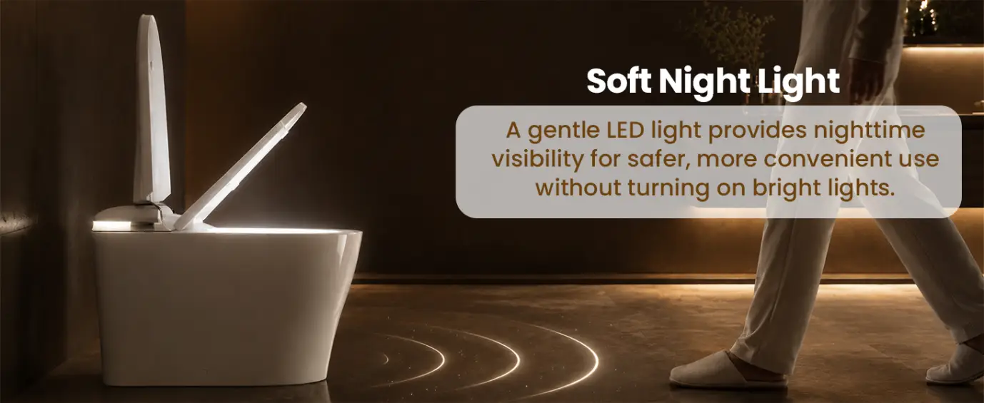 Toilet with soft LED lighting in a dimly lit bathroom, person walking nearby