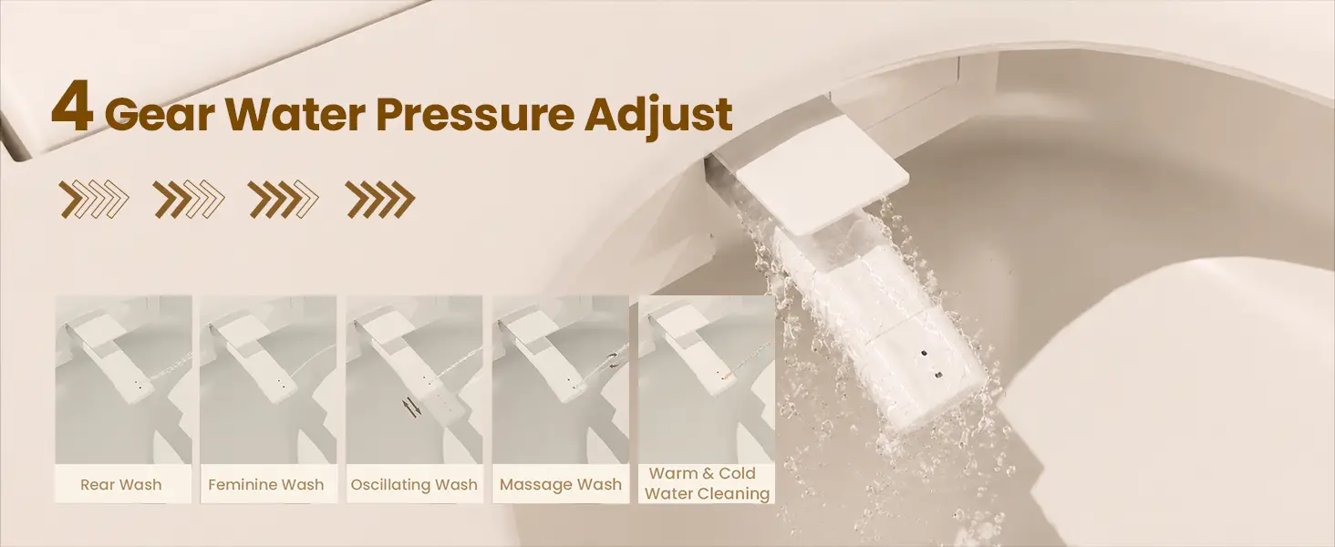 Bidet with adjustable water pressure settings and water flow in neutral-toned bathroom setting
