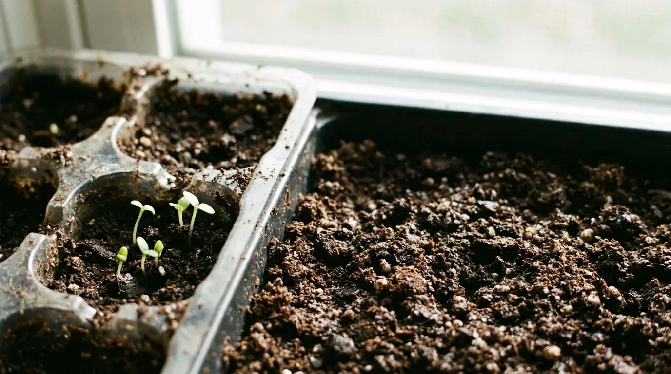 Seedlings sprouting in soil trays by a window with natural light