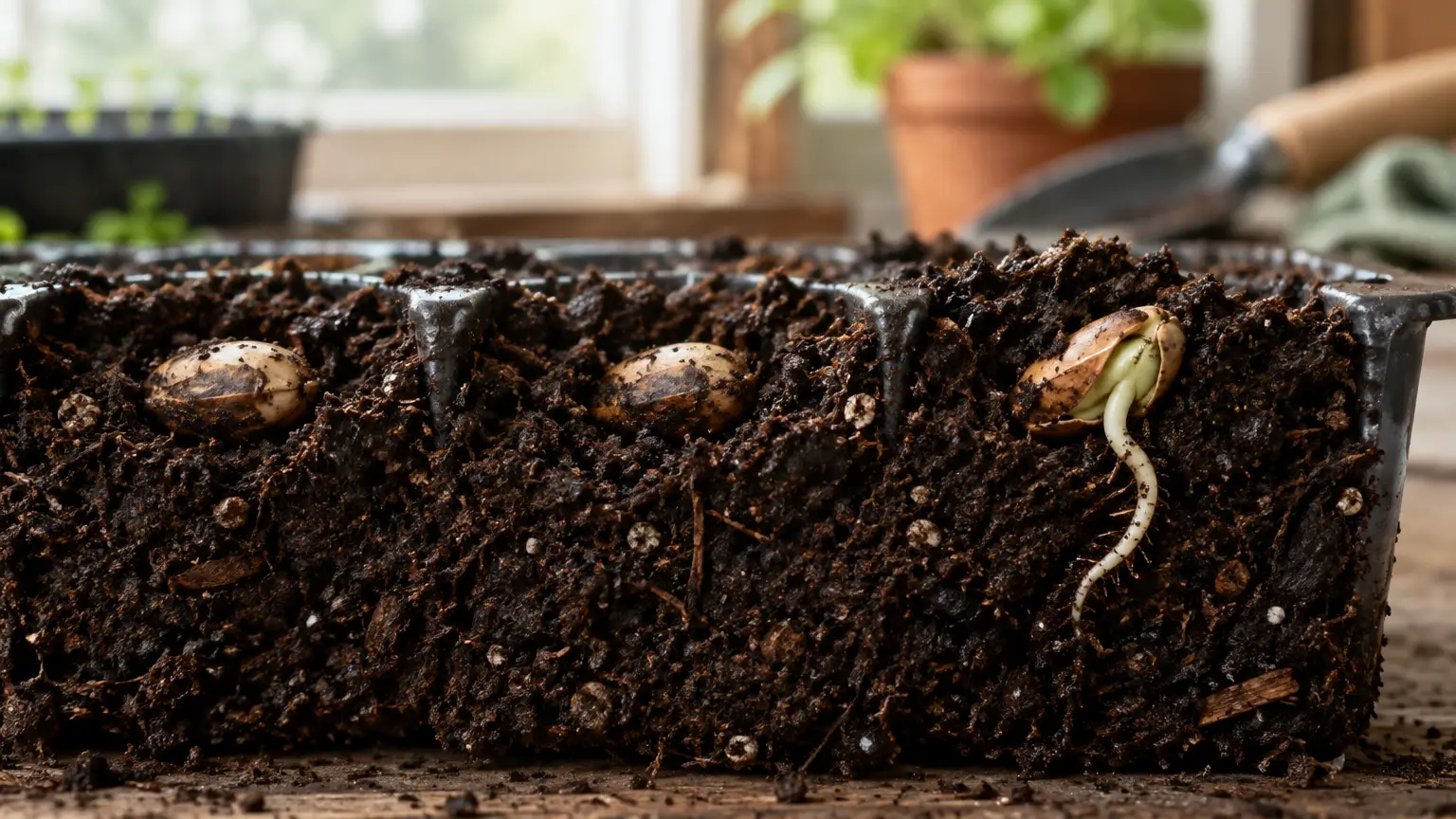 Seeds germinating in dark potting soil within a divided plastic tray near a window.