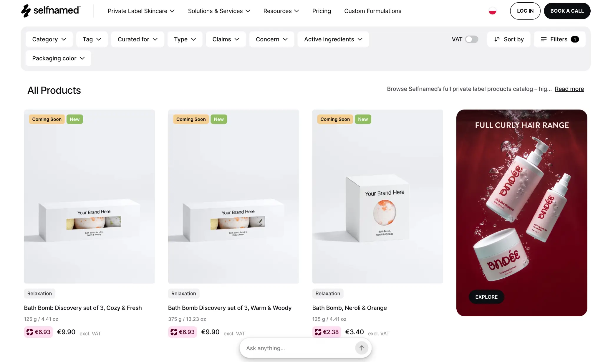 Product display in online store featuring bath bomb discovery sets and curly hair range products