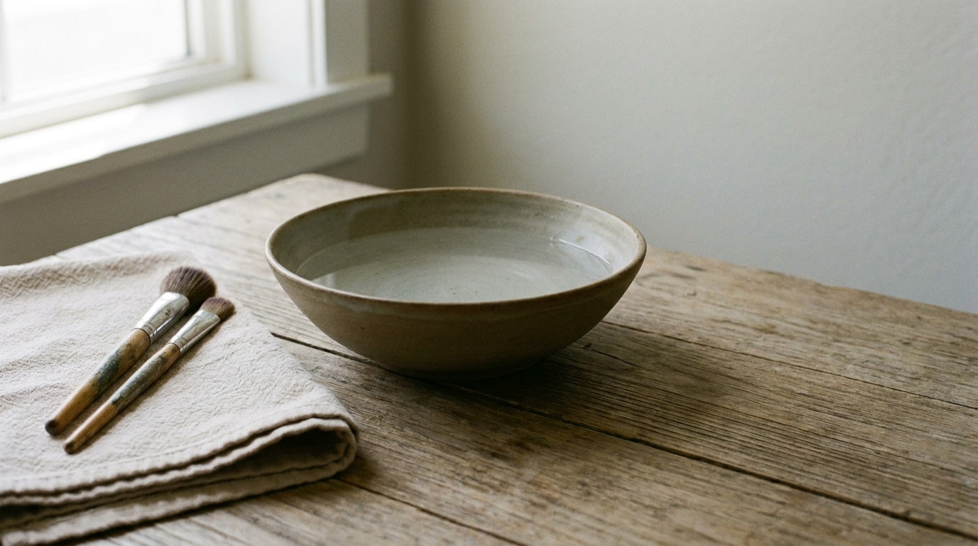 Ceramic bowl with water next to makeup brushes on rustic wooden table in natural light