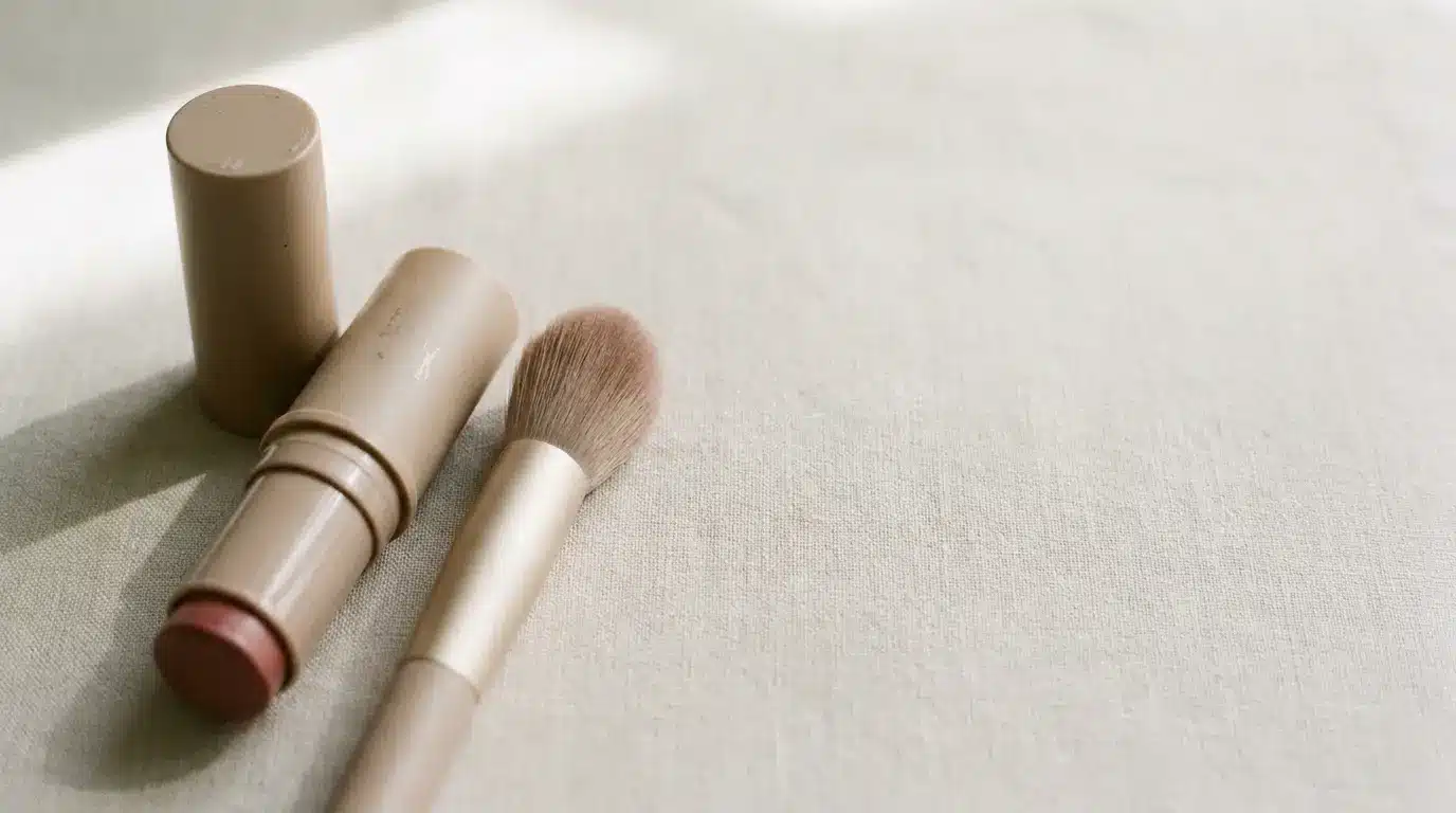 Makeup brush and cream stick on beige fabric with natural light shadows