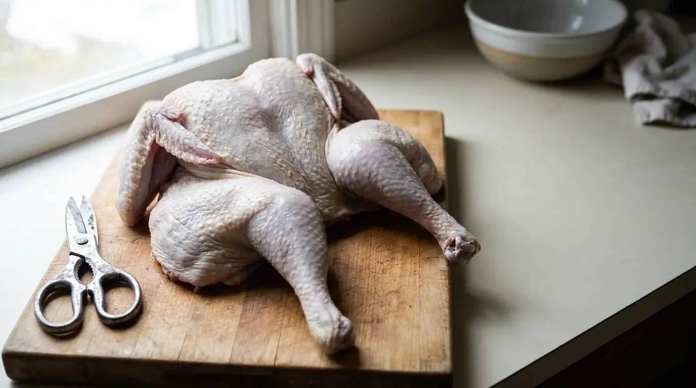 Whole raw chicken and kitchen shears on wooden cutting board near window in bright kitchen