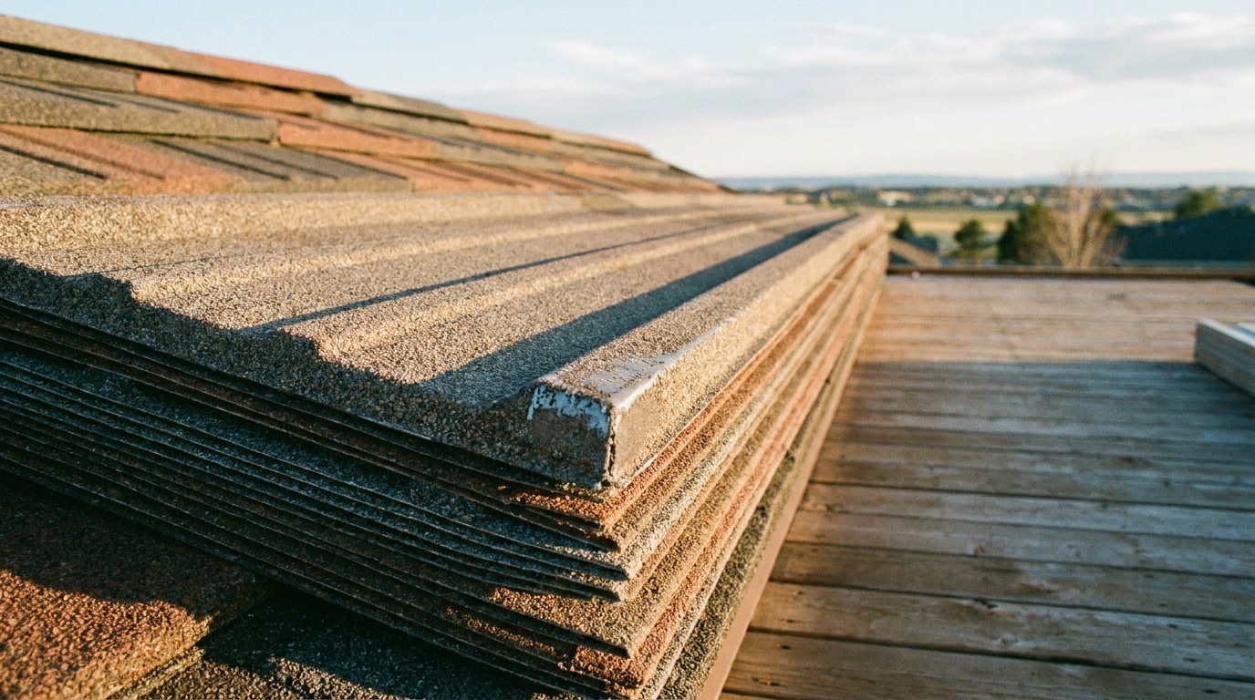 Close-up of layered roof shingles under sunlight on a wooden deck roof