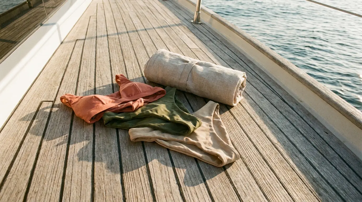Swimwear and rolled towel on wooden deck of boat under sunlight