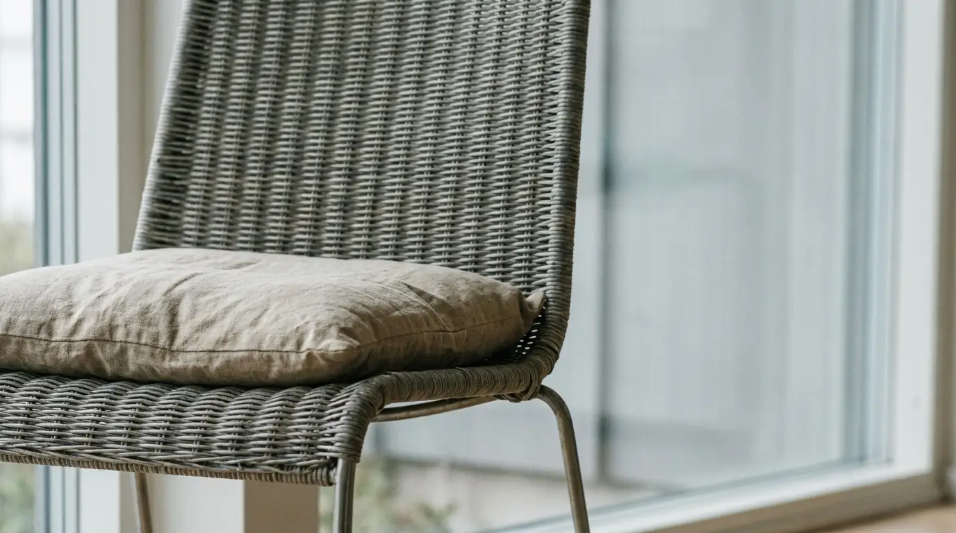 Woven rattan chair with beige cushion in a sunlit room near large window